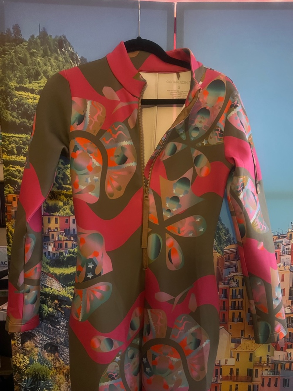 Cynthia Rowley Olive & Hot Pink Abstract Zip-Up wetsuit